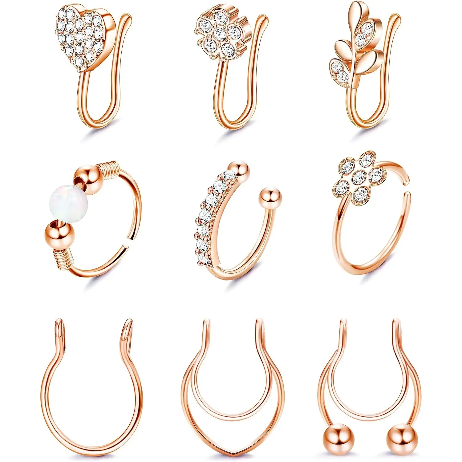 9 Pcs Non Piercing Fake Nose Rings Set for Women, Stainless Steel Clip On Septum Hoops Inlaid CZ Faux Nose Jewelry 20G