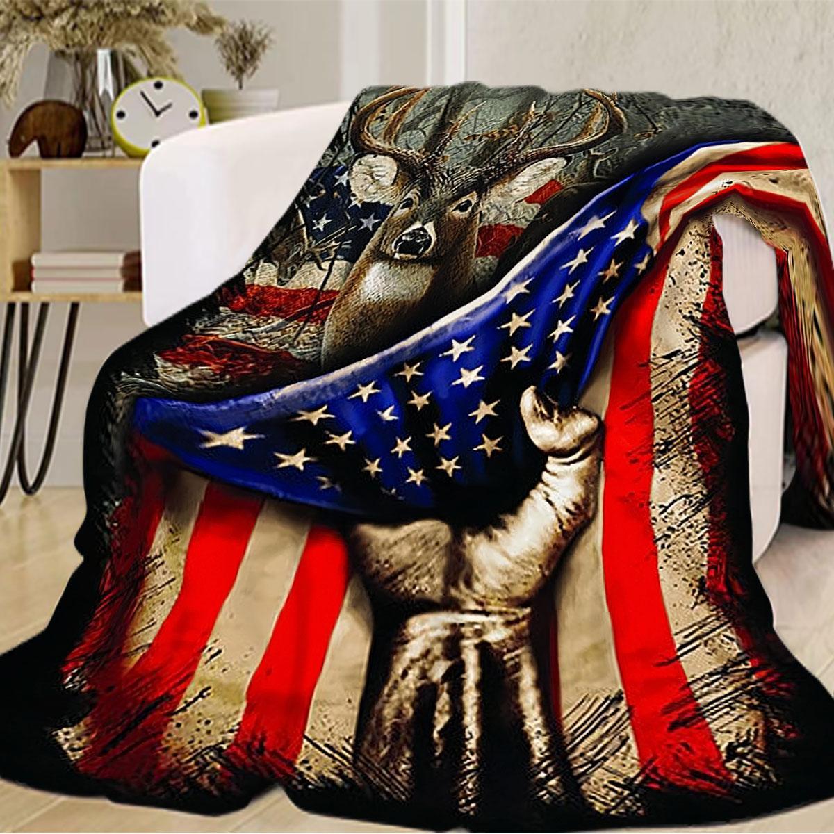 American Flag & Deer Pattern Blanket, 1 Count Soft Warm Throw Blanket, Lightweight Cozy Blanket, Air-conditioned Room Blanket, Warm Nap Blanket for Home & Office & Travel