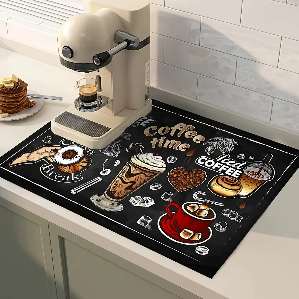 Silica Gel Coffee Theme Bowl Mat, Absorbent Polyester Countertop Pad, Non-Slip Heat Resistant, Vintage Hand-Drawn Design, Kitchen Bar Accessory