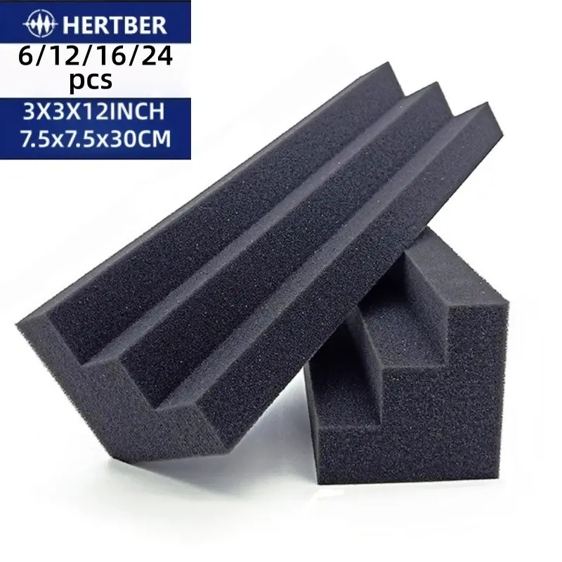 HERTBER Black Bass Trap Acoustic Foam Panels 6/12/16/24Pcs 3×3×12 Inch High Density Corner Sound Absorbing Foam Reduce Echo Reverberation for Home Theater Drum Room Music Studio Game Room
