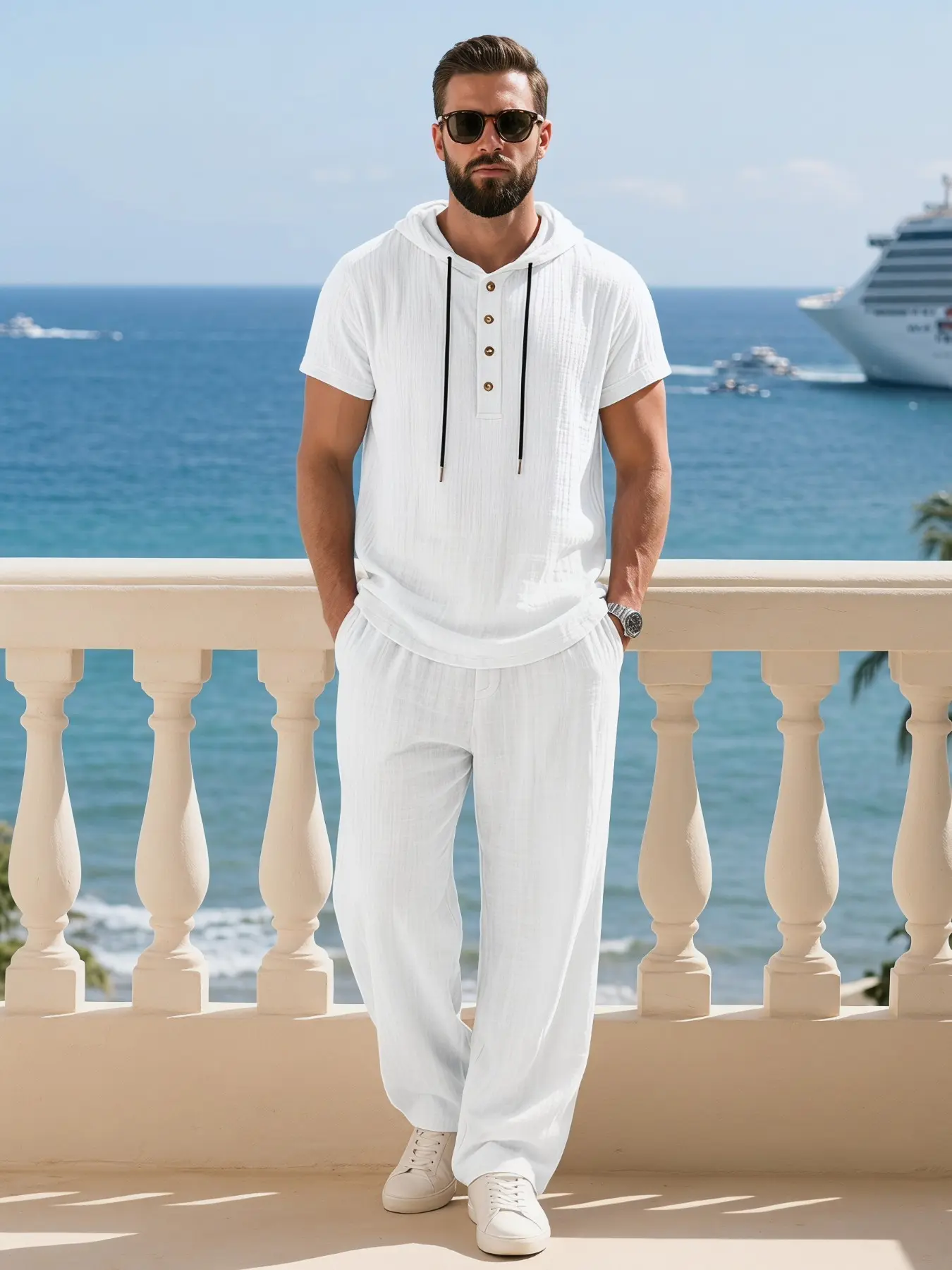 Summer Men's Casual Aesthetic Linen Loose-Fit American-Style Minimalist Plain Hooded Henley Shirt and Trousers Holiday and Homewear Matching Set Menswear