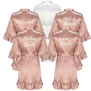 New Satin Bridesmaid Wedding Party Team Bride Robe With White Letters Ruffle Kimono Satin Pajamas Mother Bathrobe Rose Gold