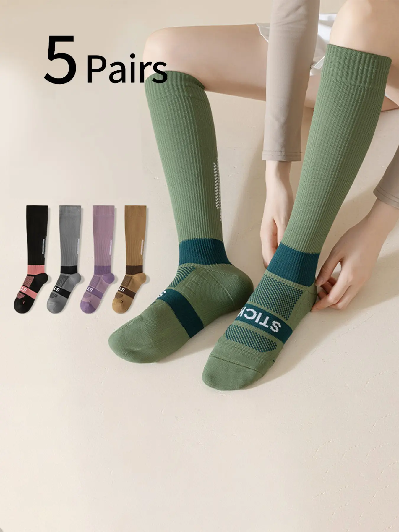 3 Pairs Women's Sports Compression Socks, Workout Socks, Long Calf Pressure Socks, Yoga Running Cycling Socks, Plain Fitted Crew Socks, Compression Athletic Socks