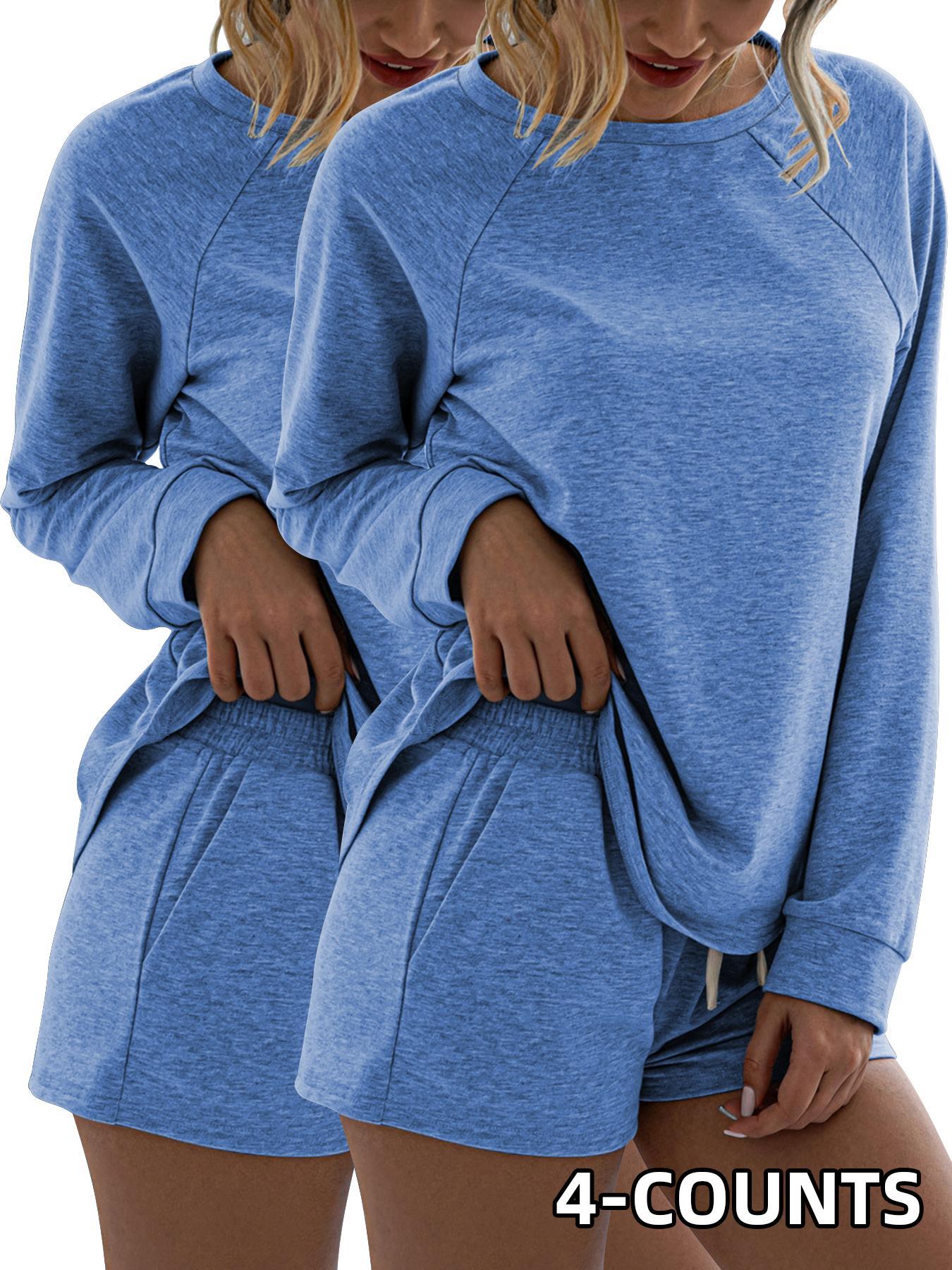 Women's Solid Tee & Drawstring Waist Shorts Set, Casual Sporty Round Neck Long Sleeve Top & Pocket Design Shorts, Ladies Sportswear for Indoor Outdoor Wear