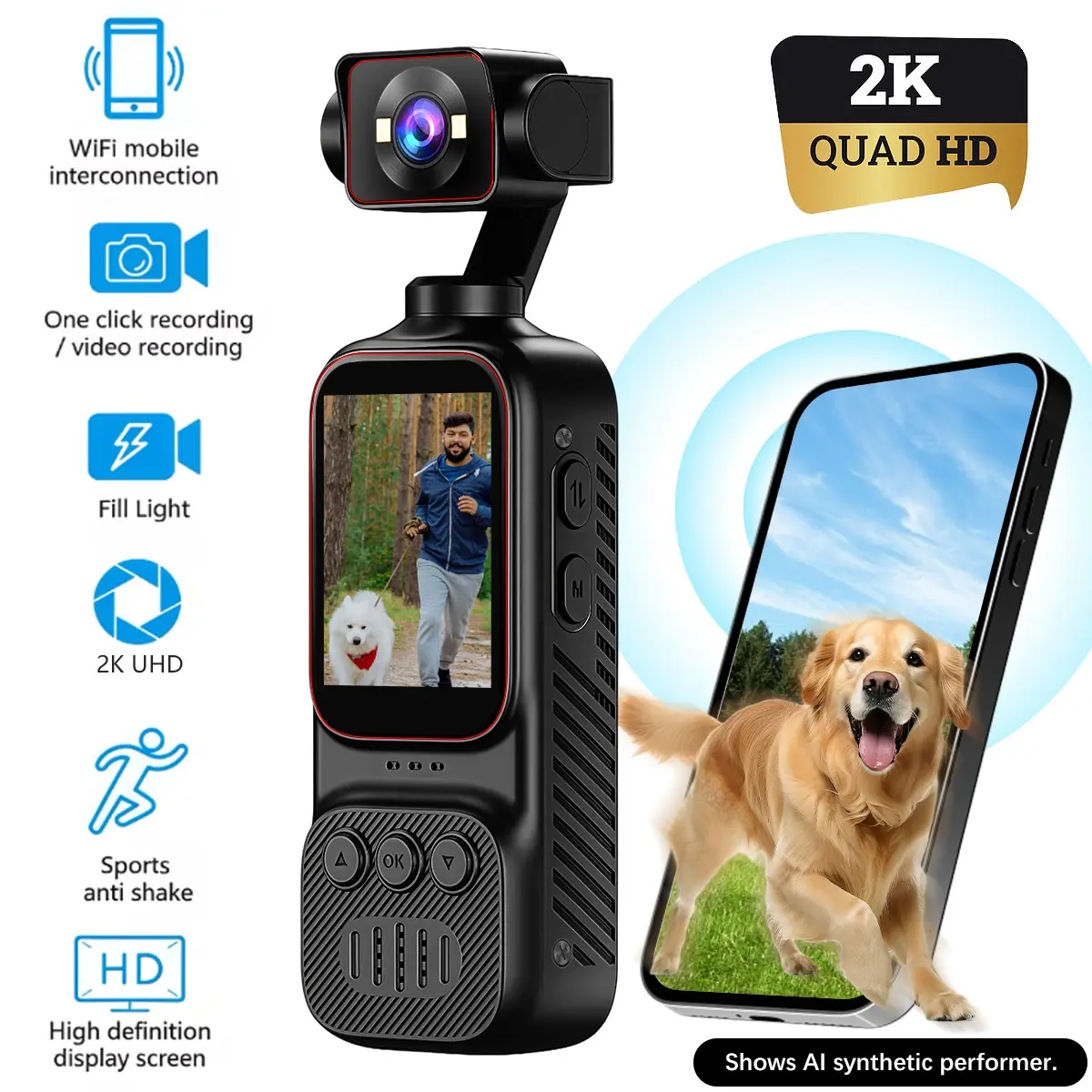 2K Vlogging Camera, Video Blog Camera, Portable Pocket Body Camera with 270° Auto Rotating Lens,8X Digital Zoom, Audio Video Recording Action Camera for Travel Cycling Hiking Travel & Birthday Gift