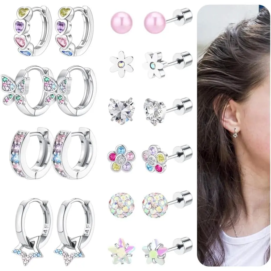 Women's 10-Pair Hypoallergenic Screwback Stud Earrings Set - Surgical Stainless Steel, Flower Rhinestone, Nickel-Free Jewelry for Sensitive Ears