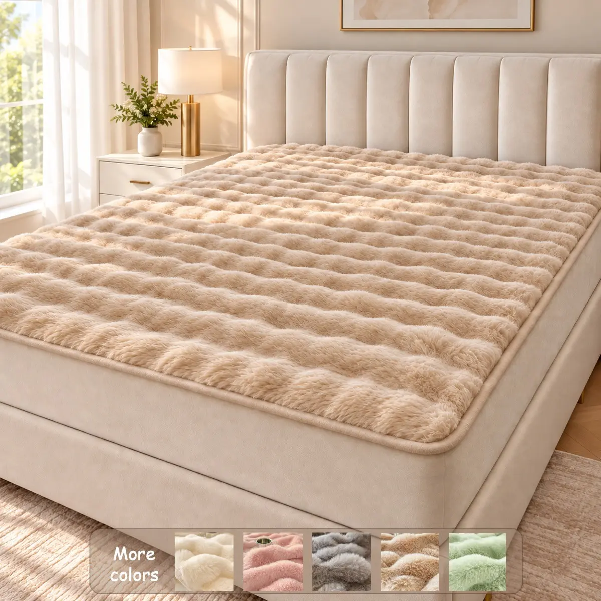 Ultra Soft Faux Rabbit Fur Fitted Sheet or 2 Pillowcases, Cream Ribbed Plush Bedding, Fluffy Warm Mattress Cover for Bedroom Dorm Apartment Hotel Guest Room