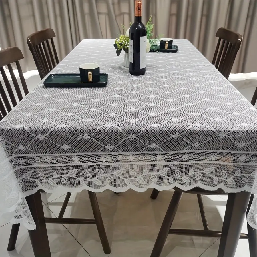 Elegant Vintage Lace Tablecloth, Wavy Edges with Leaf Geometric Pattern, Rectangular, Polyester Blend, Perfect for Party Decor and Living Room