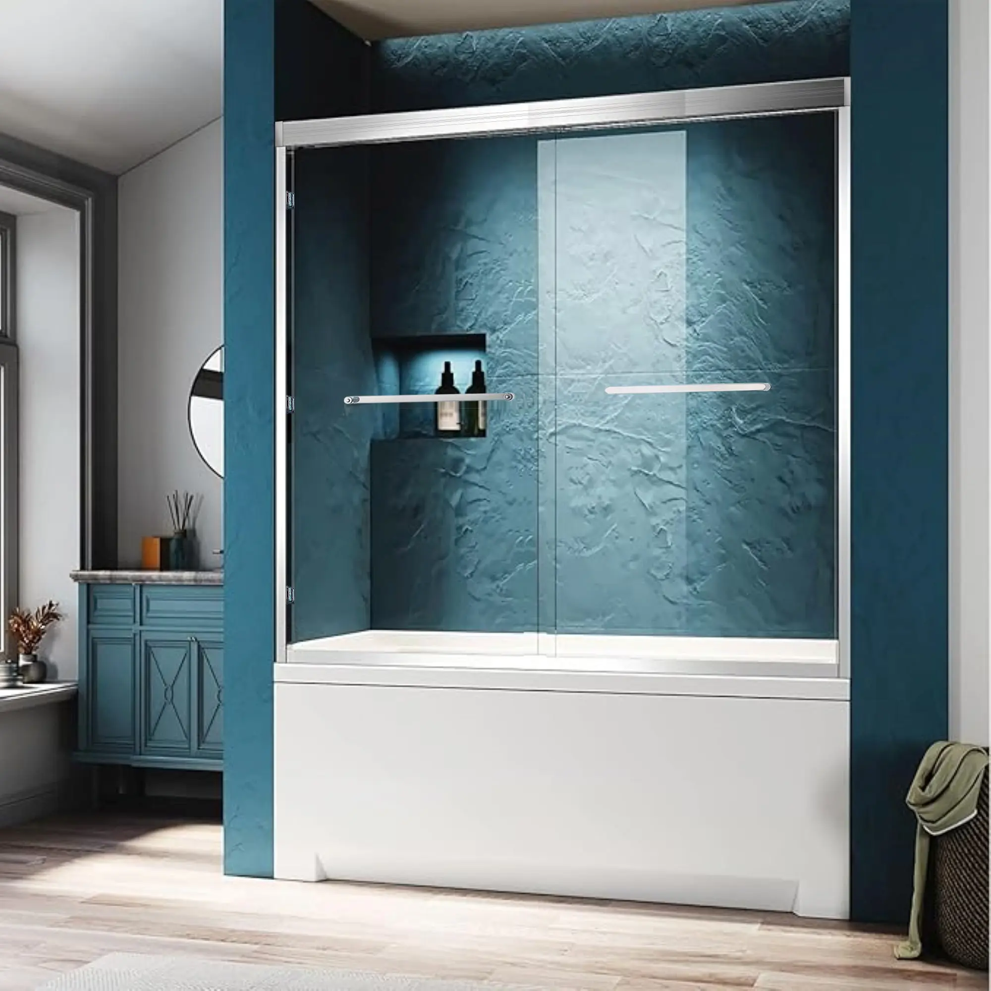 ARCH 56-60 Inch W x 60 Inch H Double Sliding Tub Shower Door, Aluminium Alloy Frame, Chrome Finish, 1/4 Inch (6mm) SGCC Tempered Clear Glass, Adjustable Width, Soft Close, Modern Bathroom Shower Enclosure, Easy Install, Chrome Color Options