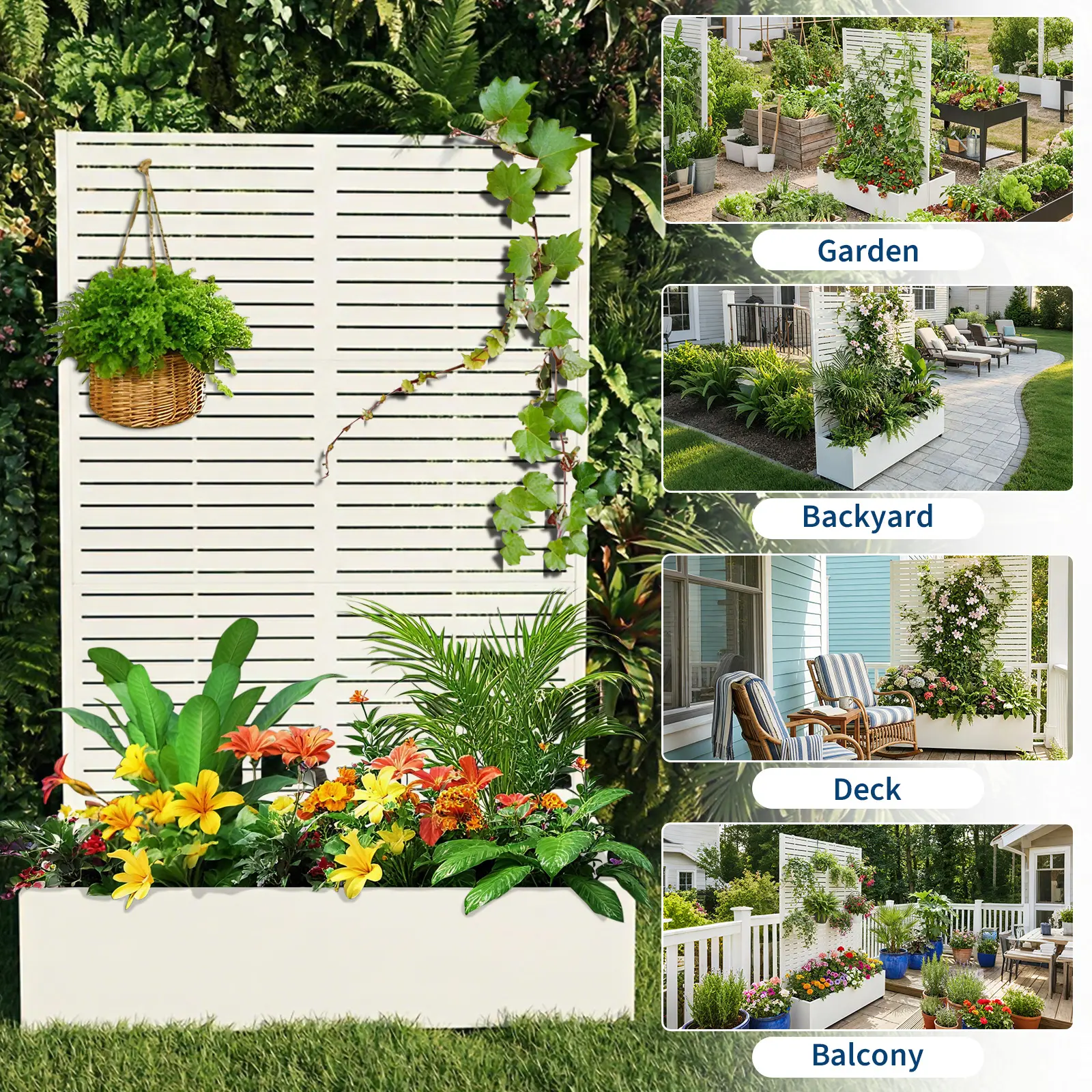 Garvee Galvanized Steel Raised Garden Bed with Trellis Privacy Screen, 70.1 x 45 x 15 in Outdoor Planter Box with Drainage Holes for Climbing Vines, Vegetables & Flowers - Patio/Balcony