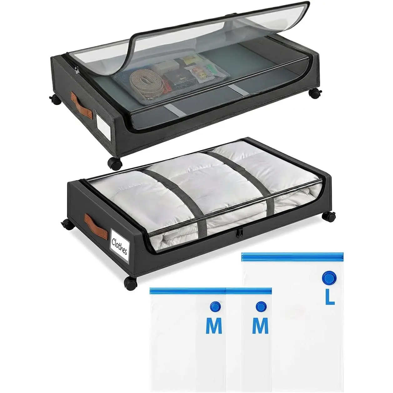 Under Bed Storage with Wheels, XXL Under Bed Drawers, Rolling Metal Drawer for Shoes, Clothes, Books, Toys, Under Bed Organizer with Clear Lids for Dorm Room, Bedroom, Kids Room, 2 Pack