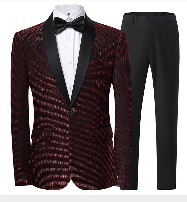 Men's Slim Fit Groom Tuxedo Suit  Korean Style Wedding Blazer & Pants Set, Business Casual Plaid Suit