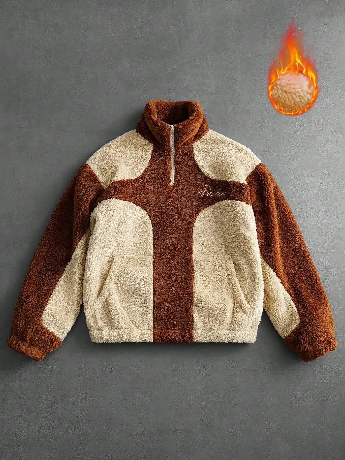Brown and beige color-block half-zip fleece jacket, soft and fluffy stand-up collar street pullover, made of soft and comfortable fabric, suitable for daily commuting, campus activities, winter street style, casual dates, and outdoor hiking.