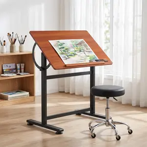 Adjustable Steel-Wood Drafting Table, 0°-90° Tilting Drawing Table, Steel-Wood Art Drafting Table with Anti-Slip Lip, for Artists, Architects, Students, 35.4" x 23.6", Walnut