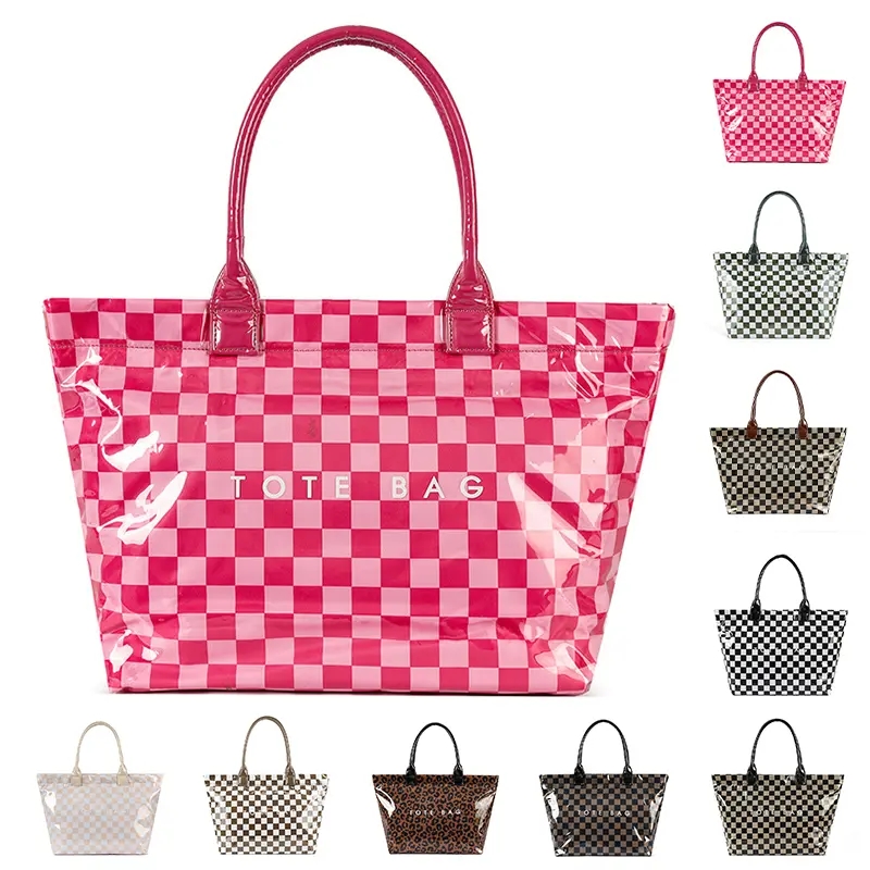 PVC Tote Bag with Zipper Checkered Tote Bag Large Plastic Letters Print Hobo Handbag Checkered Purse for Work Travel Waterproof Surface
