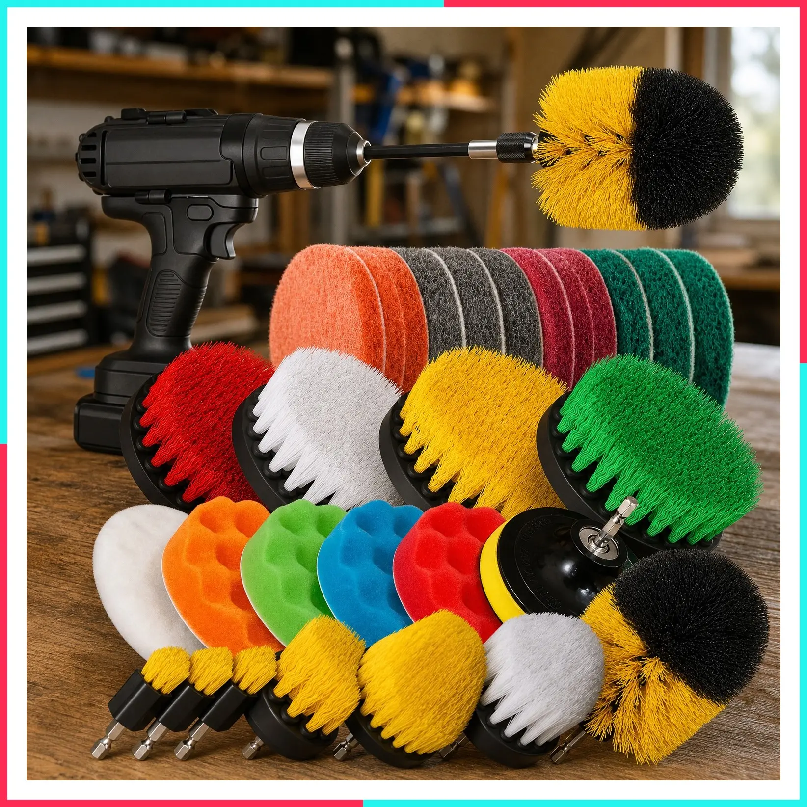 30-Piece Drill Brush Attachment Set - Power Scrubber Cleaning Kit | Buffing Sponges, Nylon Grout Tools for Tile, Bathtub, Shower, Floors, Kitchen, Car Interior Detailing, Cleaning Supplies
