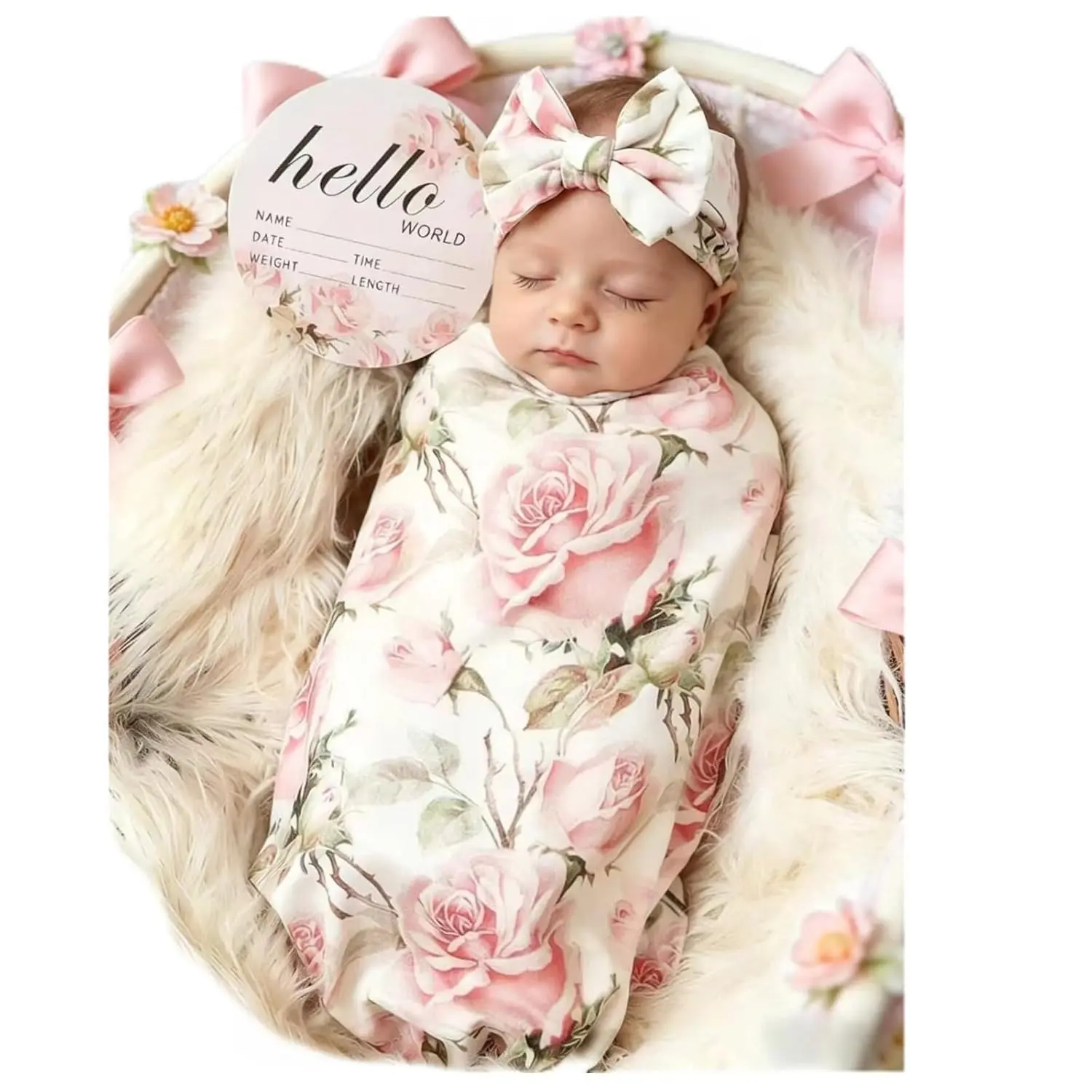 Newborn Baby Receiving Blanket and Headband Set with Flower SwaddleGift