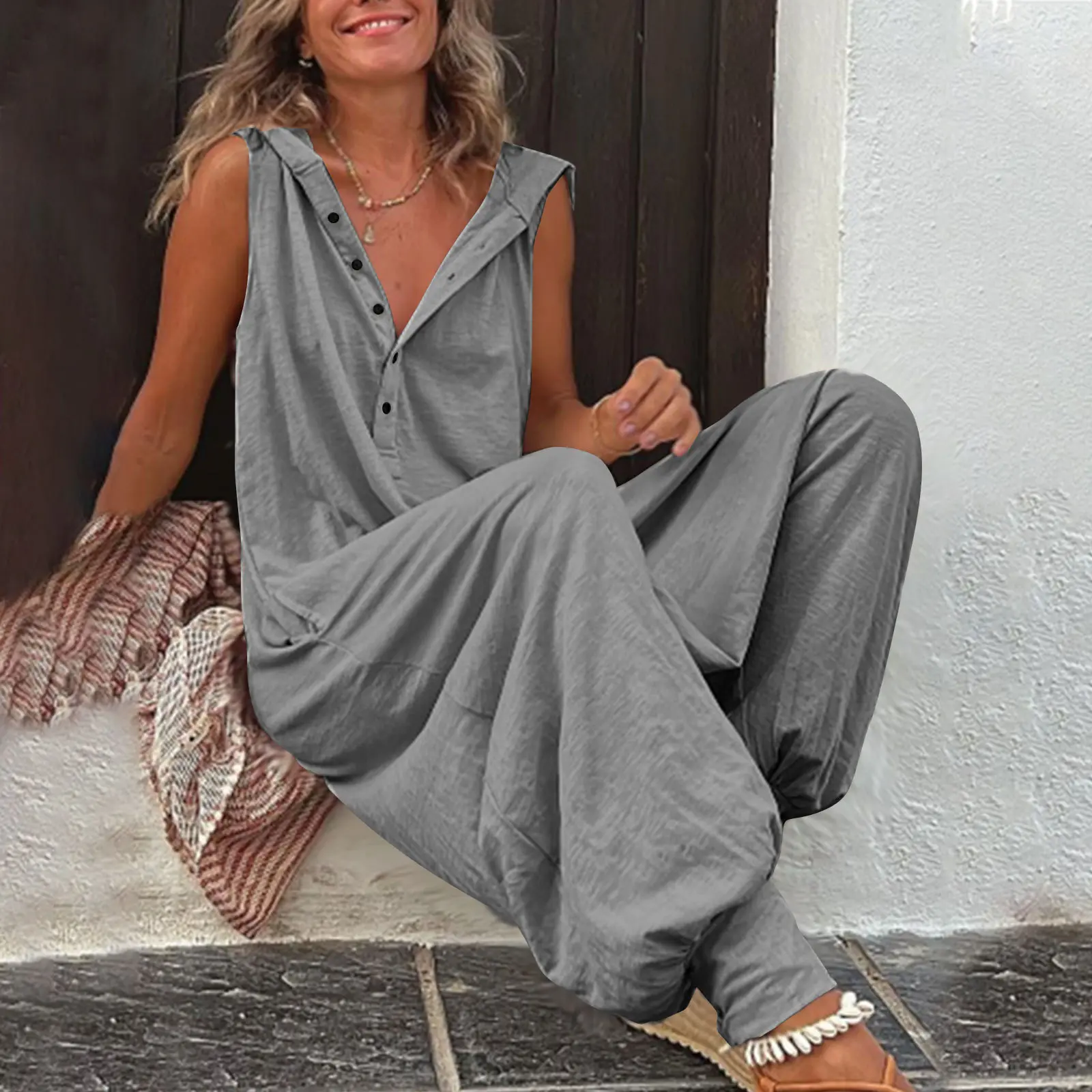 Women's Harem Jumpsuit - Lightweight Solid Color Sleeveless Hooded Romper with Pockets, Soft Stretchy Fabric, Button Detail, Casual Comfy Drop Crotch Below the Ankle Overalls, Sports & Outdoor Wear, Hand Wash, Do Not Bleach, All Seasons, Harem Pants, Outd