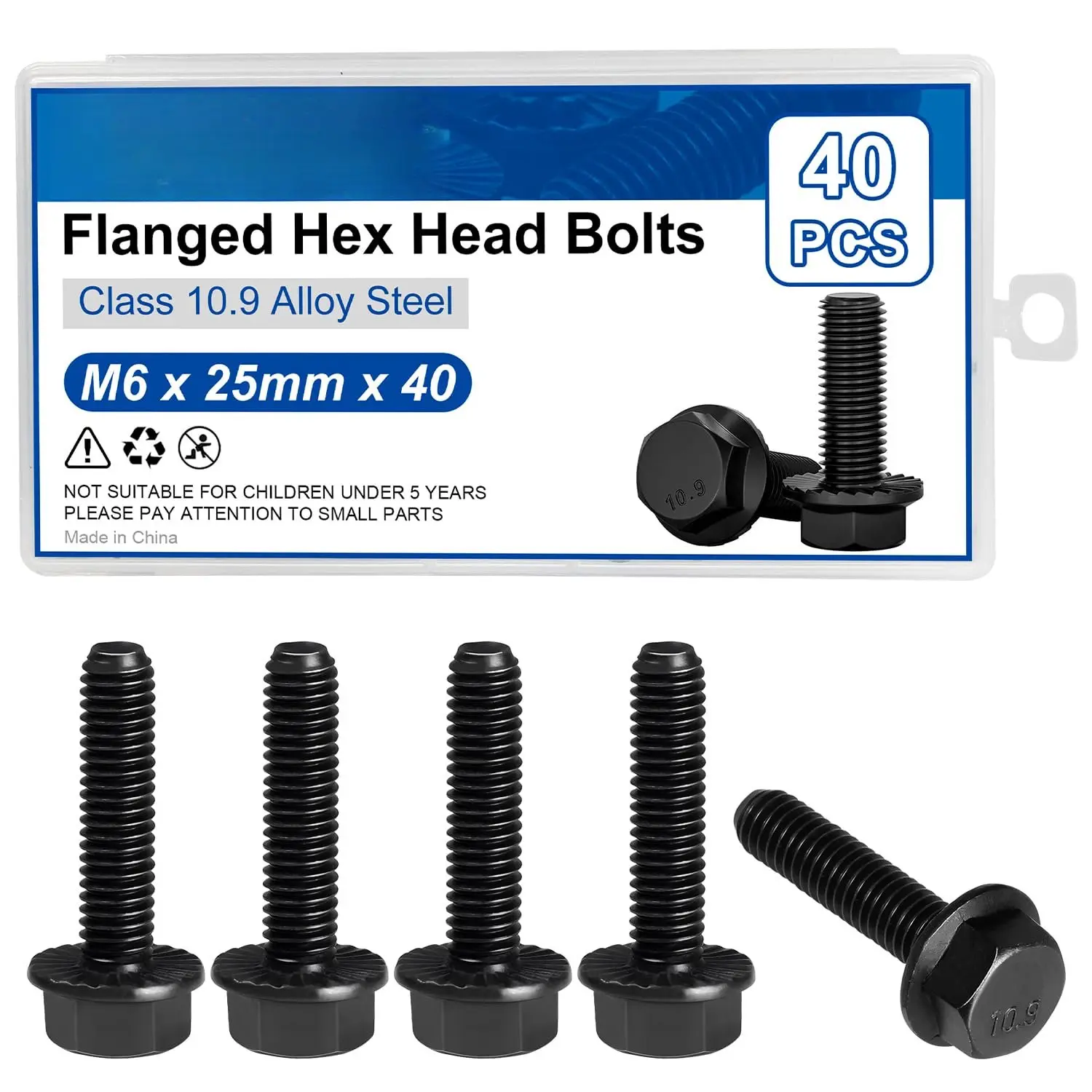 M6x25mm Flanged Hex  , Grade 10.9 Alloy Steel Serrated Flange Bolt | 40 count, Black Oxide Coarse Fully Threaded, DIN 6921 Fasteners for Equipment Mounting & Brackets