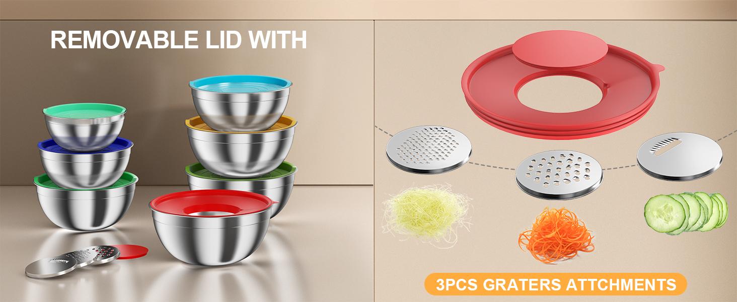 Mixing Bowls with Lids Set, 7 PCS Stainless Steel Mixing Bowls with 3 Grater Attachments, Size 4.5, 4, 3.5, 2.1, 1.5, 1.1, 0.7QT, Ideal for Kitchen Cooking Baking & Serving