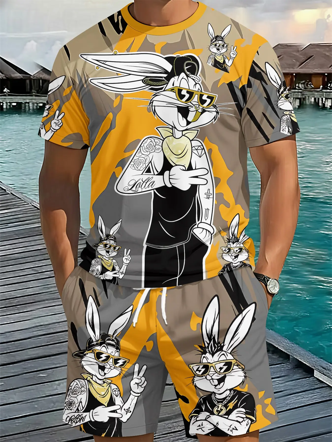 Men's two-piece set of short-sleeve top and shorts, fully printed with trendy graffiti rabbit patterns. This American cartoon-style casual men's outfit adopts 3D digital printing. It is comfortable, loose, breathable sportswear for daily leisure. Featurin