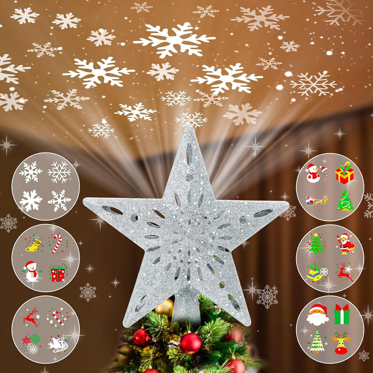 Christmas Tree Topper Projector Lights with 6 Projection Modes, Sliver  Christmas Tree Topper with -in LED Projector, Dynamic Projection for Christmas Party Holiday Decoration