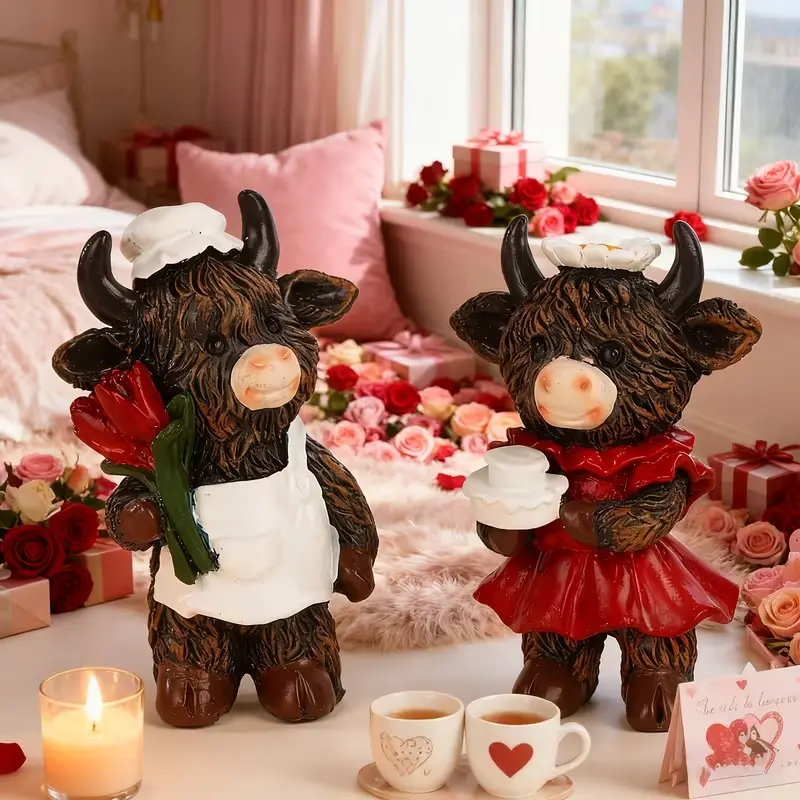 Cute Couple Highland Cow Resin Figurines, Adorable Animal Desktop, Valentine's Day Anniversary Gift, Home Soft Furnishing, Home Decor Statue
