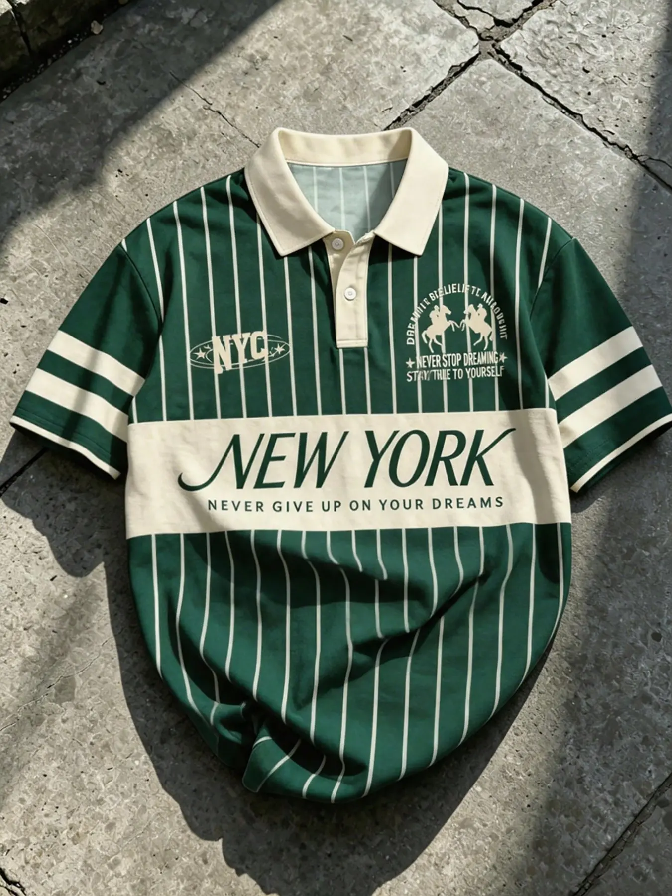 Men's Retro Striped Polo Shirt, New York Letter Print Contrast Neck Casual Short Sleeve T-Shirt, Vintage College Style Summer Top, Printed Polo Shirts