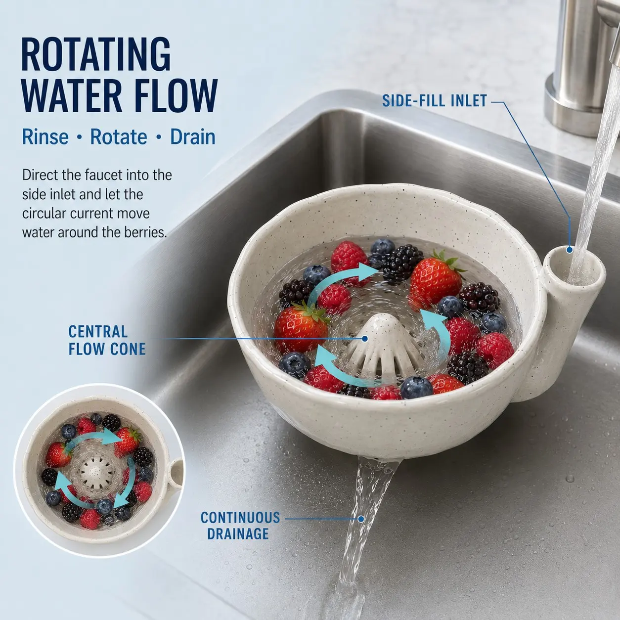 Ceramic Automatic Rotating Berry Cleaner, Fruit Washing Basket, Food Colander Kitchenware, Side Water Fill, Drain Hole, Ideal for Strawberries, Blueberries, Grapes