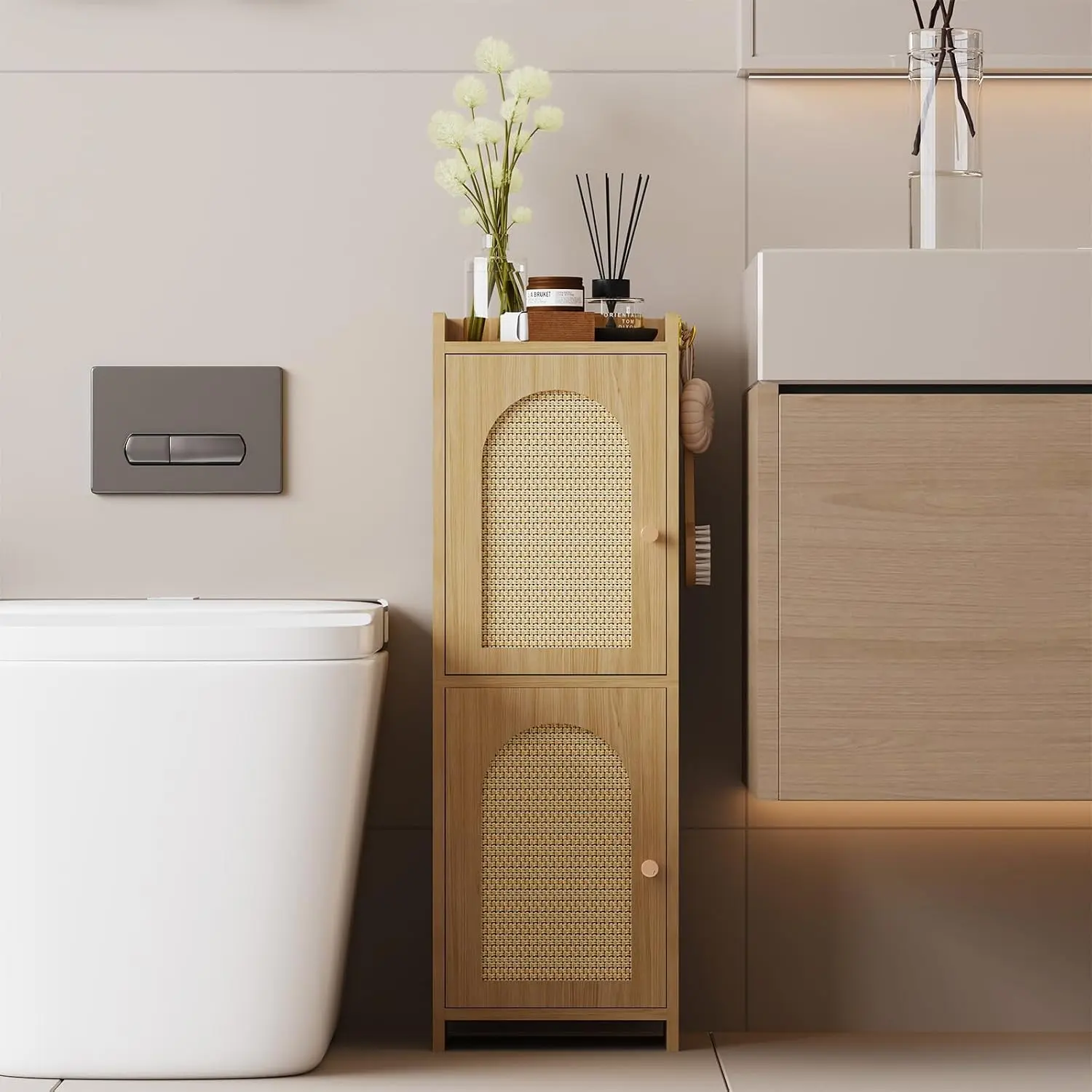 Rattan Bathroom Storage Cabinet with 2 Doors and Adjustable Shelf | Oak Corner Floor Cabinet, Narrow Toilet Paper Cabinets with 2Hooks, Toilet Organizer for Small Spaces, 7.87"D*9.84"W*29.72"H