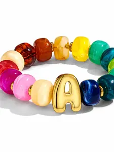 Colorful A-Z Letter Bracelet for Women, Rainbow Chunky Bead Elastic Stackable, Acrylic Resin Personalized Initial Bracelet Jewelry
