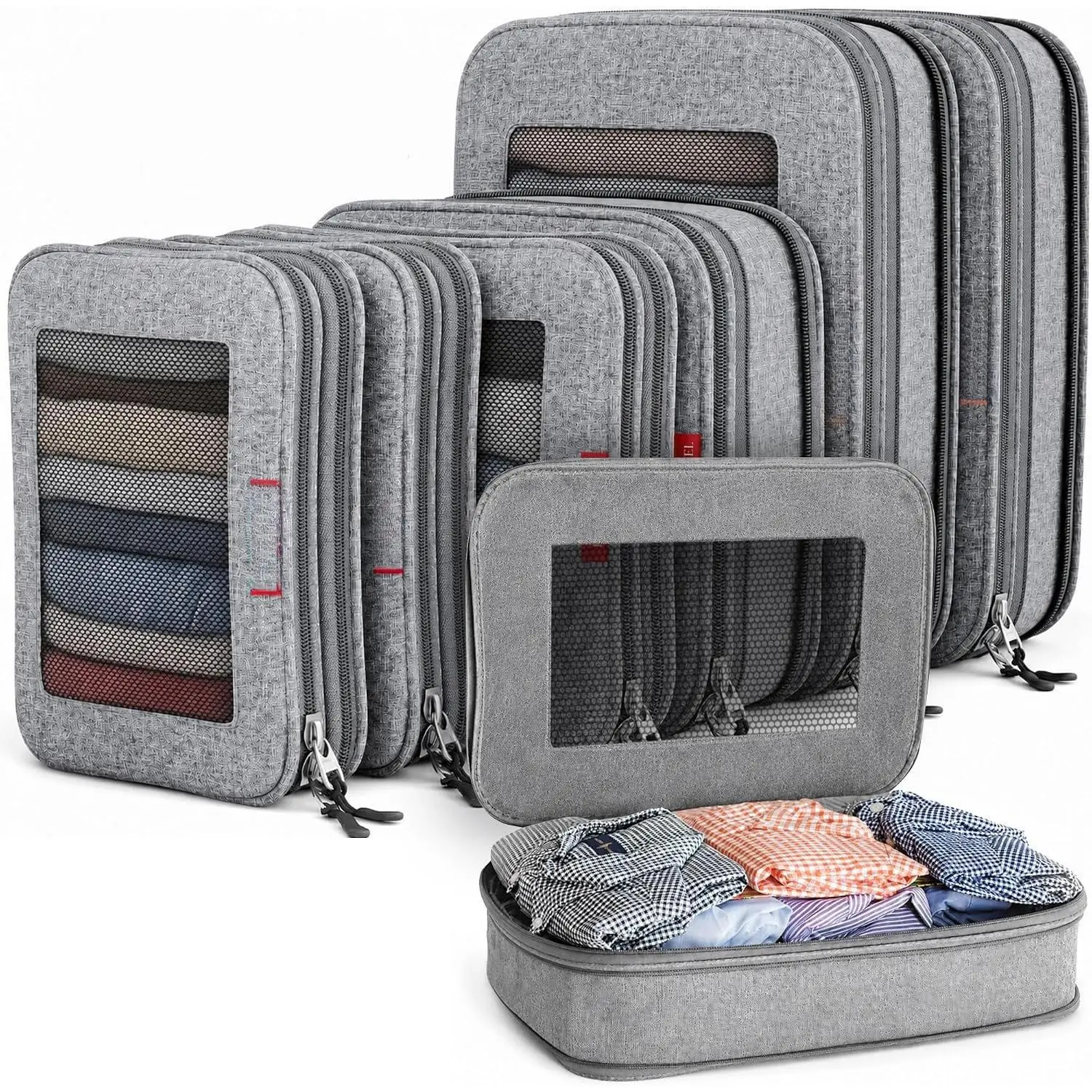 Compression Packing Cubes for Travel - Suitcase Organizer Bags with Double Zipper & Breathable Mesh Panel - Space Saving Carry  Luggage Essentials (6-Pack, Grey)