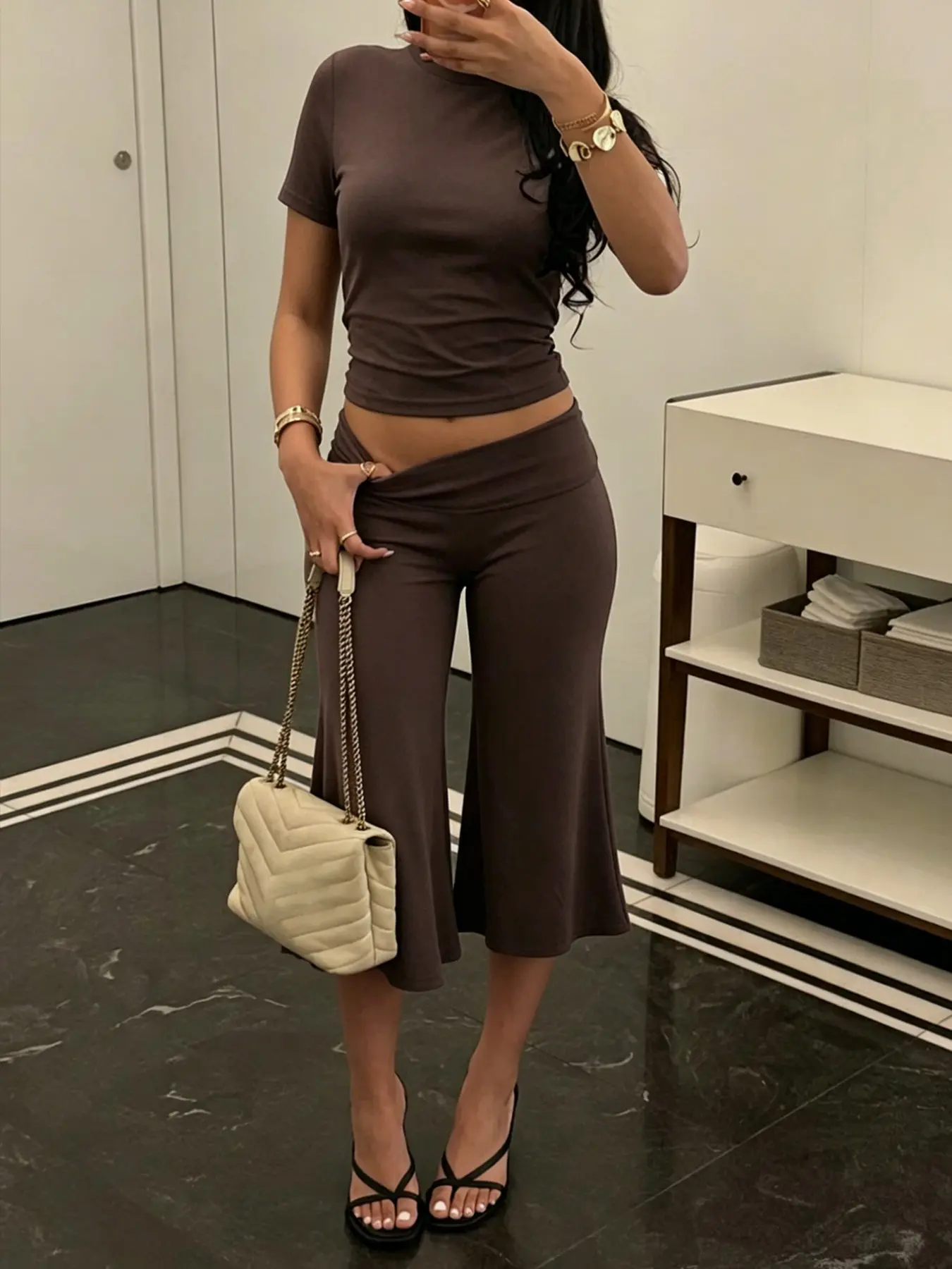 Solid Color Short Sleeve Top and Capri Flare Pants Set, Classic Versatile Outfit, Soft Stretch Casual Loungewear Outfit for Daily, Street and Vacation Wear, Suitable for All Seasons
