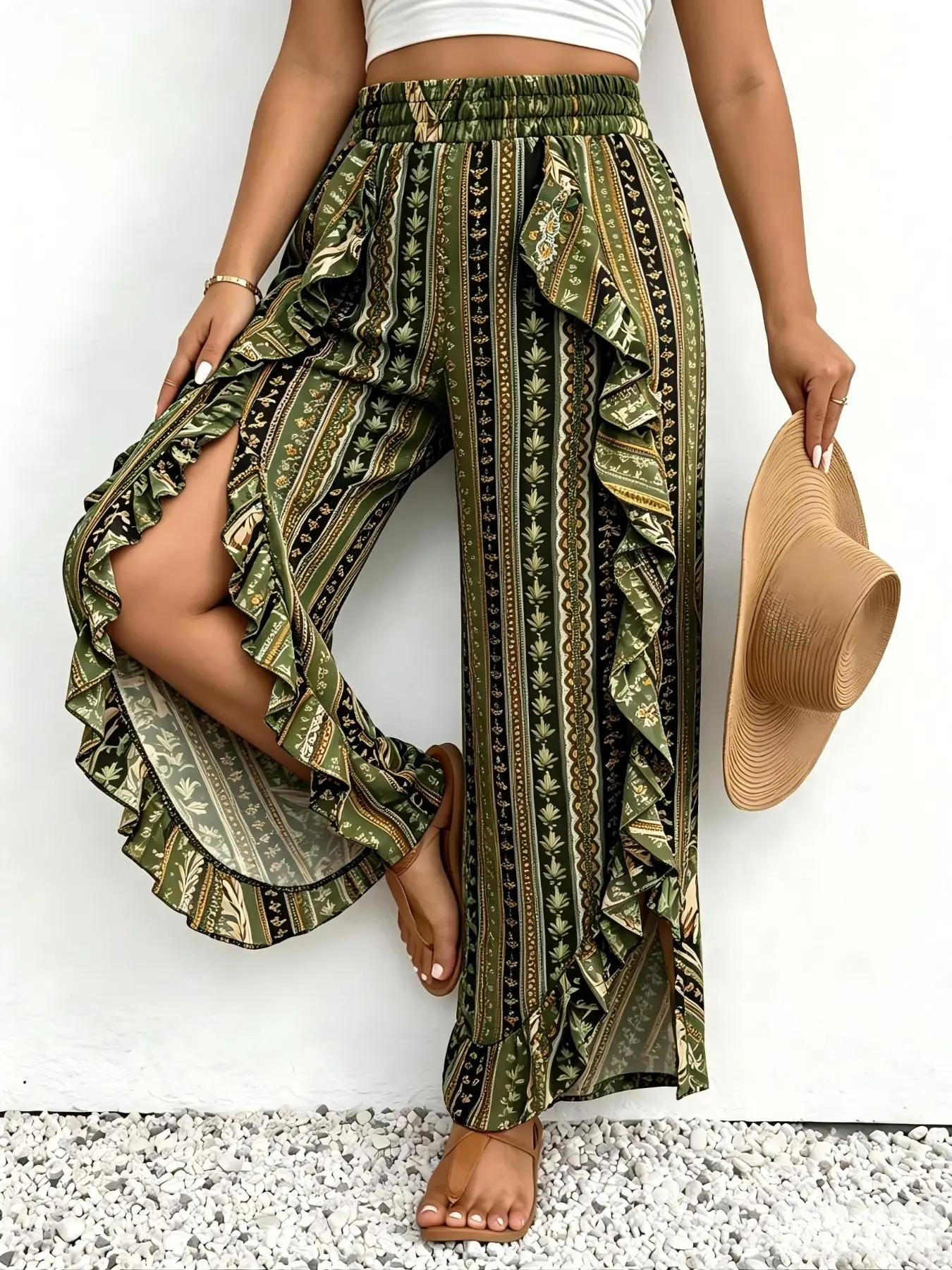 Women Boho Printed Split Wide Leg Pants, Elastic High Waist Ruffle Trim Vacation Trousers