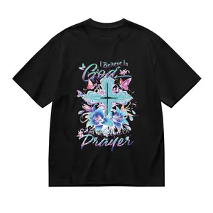 Plus Size, Women'S Plus Size Inspirational Christian Faith T-Shirt - "I Believe in God & Pray" Floral Butterfly & Cross Print with Psalm 23:1-2 Bible Verse, Breathable Round Neck Short Sleeve Casual T