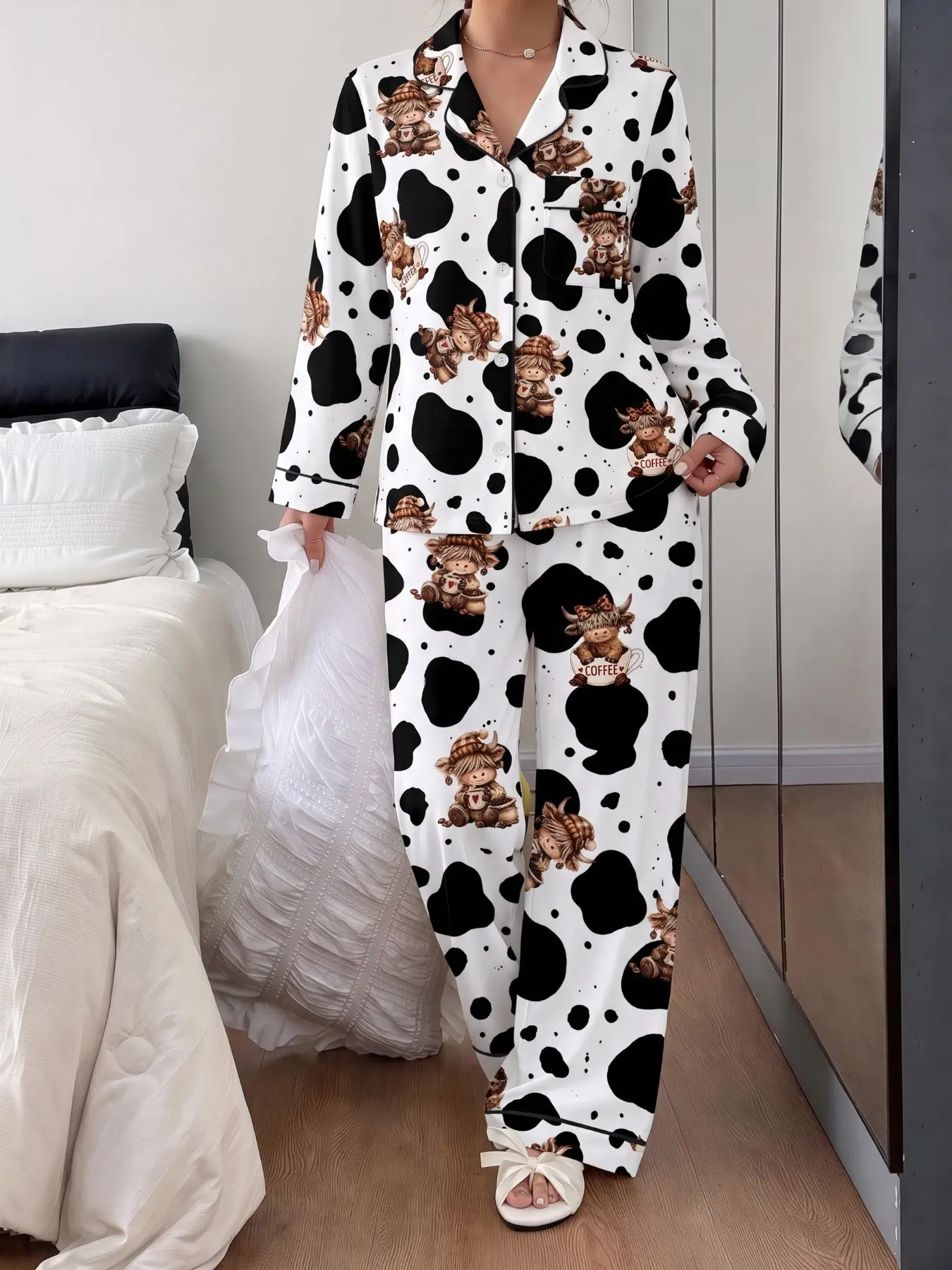 Spring Fall Women's Pajama Set, Wearable Long Sleeve Shirt and Loose Pants, Casual Fashion Coffee Highland Cow Print, Homewear for Daily Use Sets Pajama