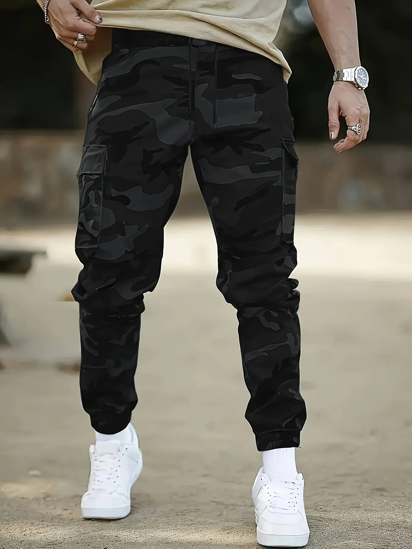 Men's Camouflage Cargo Pants with Multiple Pockets, Elastic Waistband and Ankle Hems, Casual Outdoor Menswear, All-Season Fitted Long Pants, Army Camo Pants