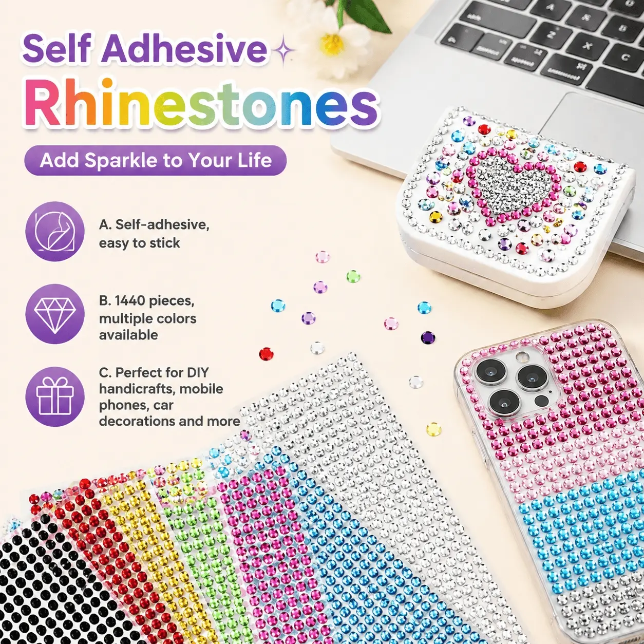 4mm Self Adhesive Rhinestone Stickers, Sparkly DIY Craft Gems for Phone Car Decoration, Nail Art Scrapbooking Journal Accessories, Creative Shiny Embellishments