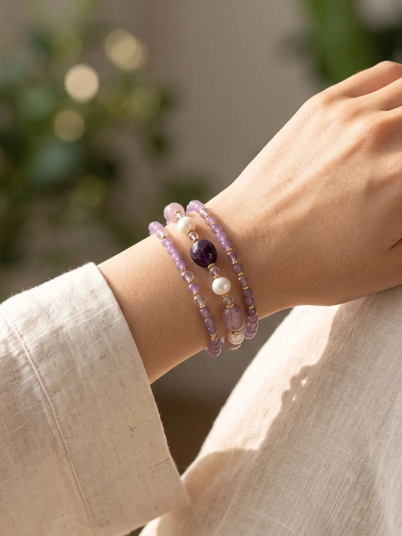 Natural Amethyst Pearl Beaded Bracelet, Boho Style Multi-Layered Crystal Jewelry, Healing Gemstone Handmade Gift for Women