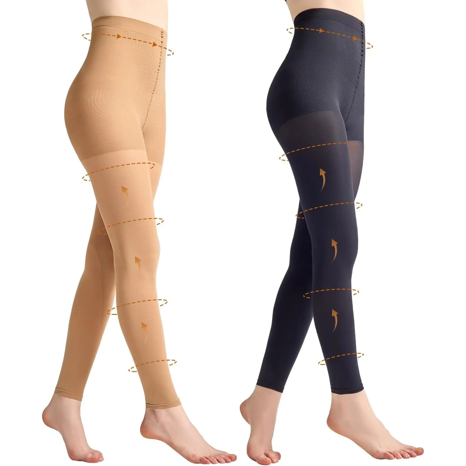 2 Pairs Footless Compression Tights for Women, 80D Opaque Support Hose 10-15mmHg High Waist Control Top Pantyhose