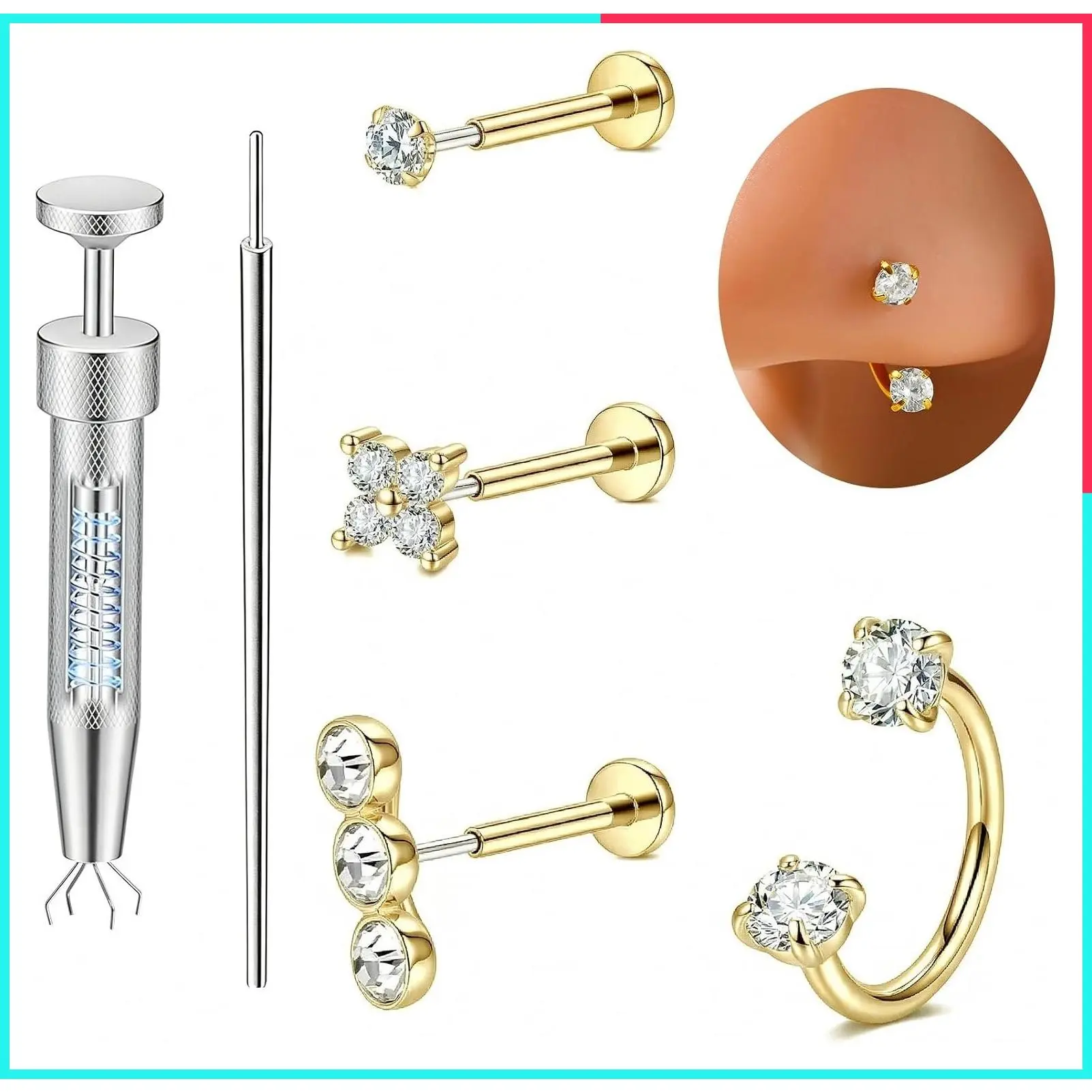 18G Push-In Nose Studs Septum Horseshoe Nose Ring Set with Piercing Taper Ball Grabber Tool, Threadless Flat Back Labret Earrings Lip Rings Nostril Jewelry in CZ Gold Silver for Women Men