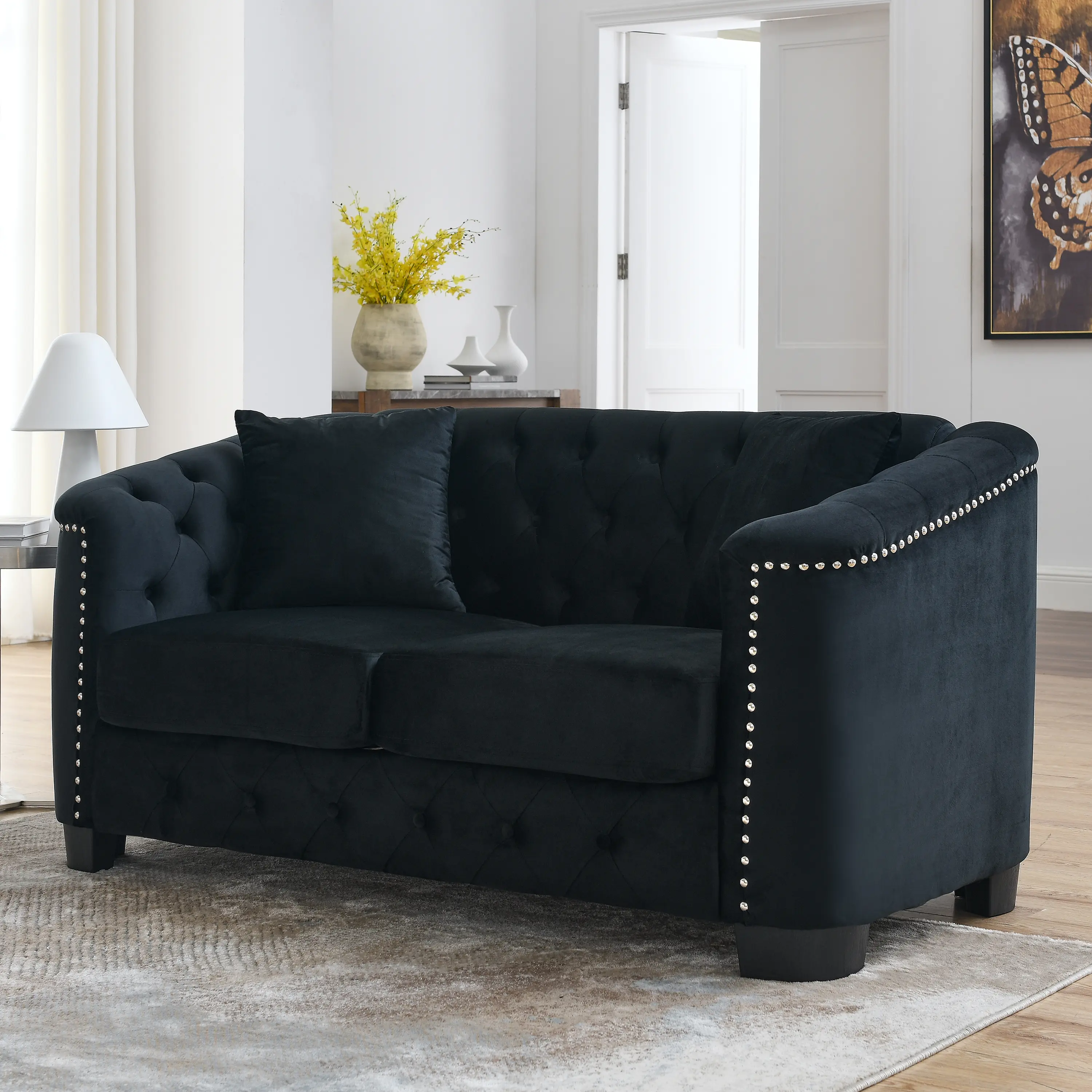 Nokaa 59-Inch Modern Chesterfield Velvet Sofa 2-Seater with Tufted Backrest and Nailhead Trim for Living Room Bedroom Apartment Office