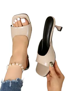 Women's Crocodile Texture High Heel Sandals, Slip-On Mules, Comfortable Formal Shoes, Silver Nude, Beach Night