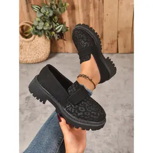 Women's Leopard Print Loafers,-On Thick Sole Casual Shoes, Fashion British Style-Free Flats, Perfect Daily Wear, Versatile Shoes, Black, Thick Soled Loafers