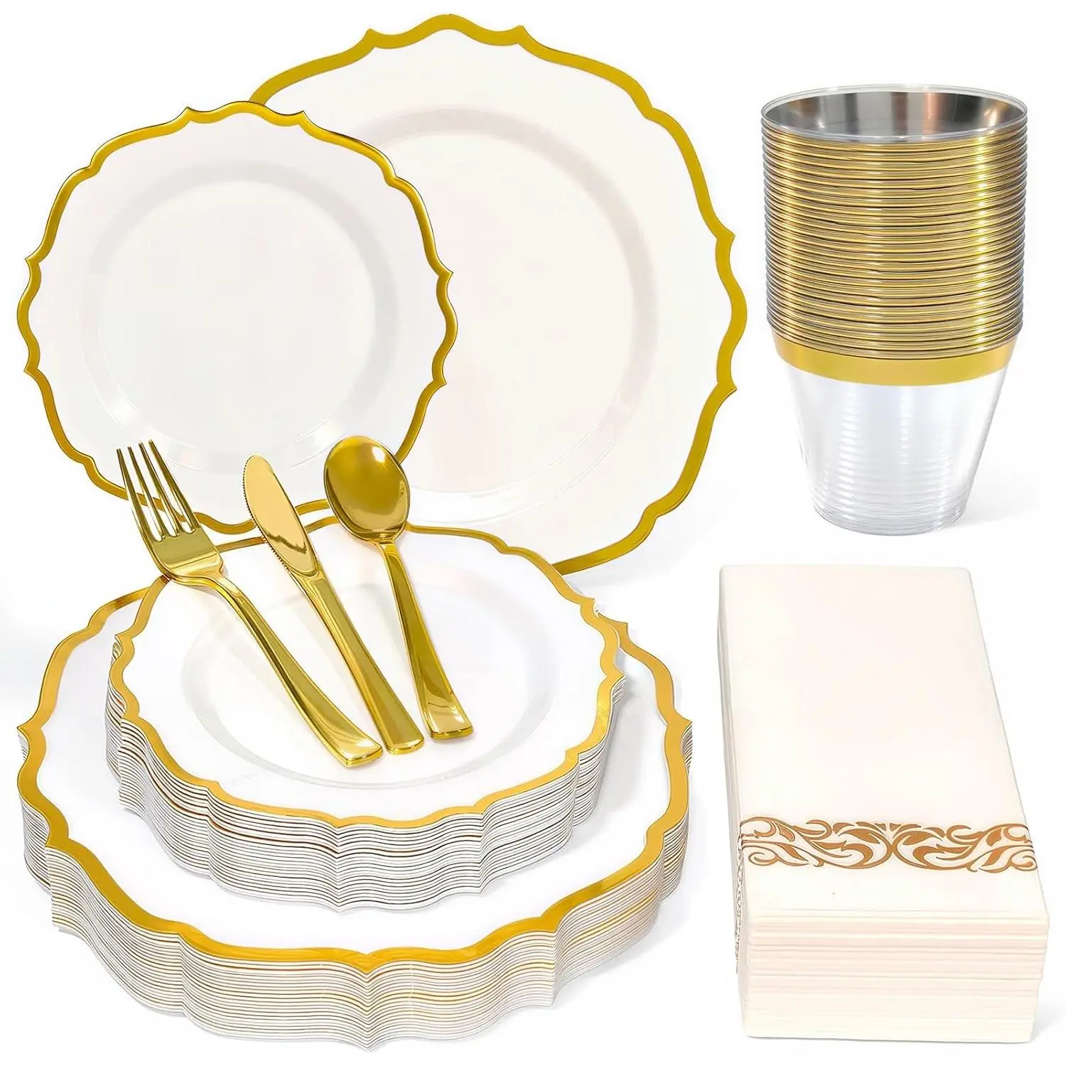 175 Plastic Dinnerware Set Gold Disposable Dinnerware Set for 25 Guests Include 50 Plastic Plates 25 Silverware Set 25 Cups and 25 Napkins for Father's Day Party Wedding Birthday