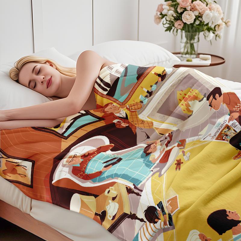 Soft Flannel Throw Blanket, Cozy Christmas Family Gathering Illustration Art Blanket, Warm Retro Holiday Home Scene Blanket for Couch Bed, Aesthetic Family Christmas Decorative Blanket Gift for Home & Travel