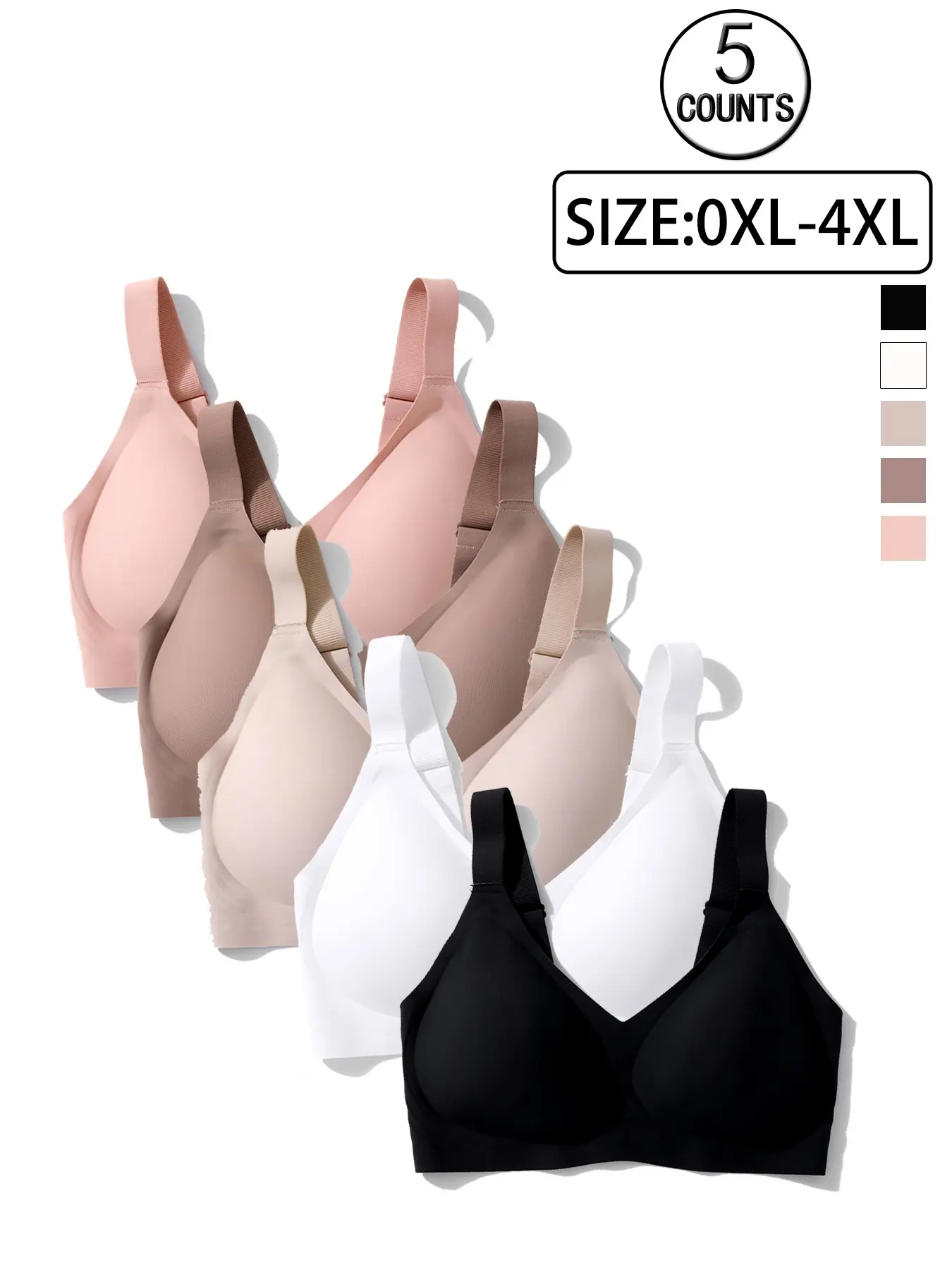 5 Pack / 5 colors，High-Quality Plus Size Seamless Bra, Sporty Casual Seamless, Wireless Push-Up Sports Bra, Adjustable Four-Row Buckle, Comfortable Breathable Lined, All Seasons