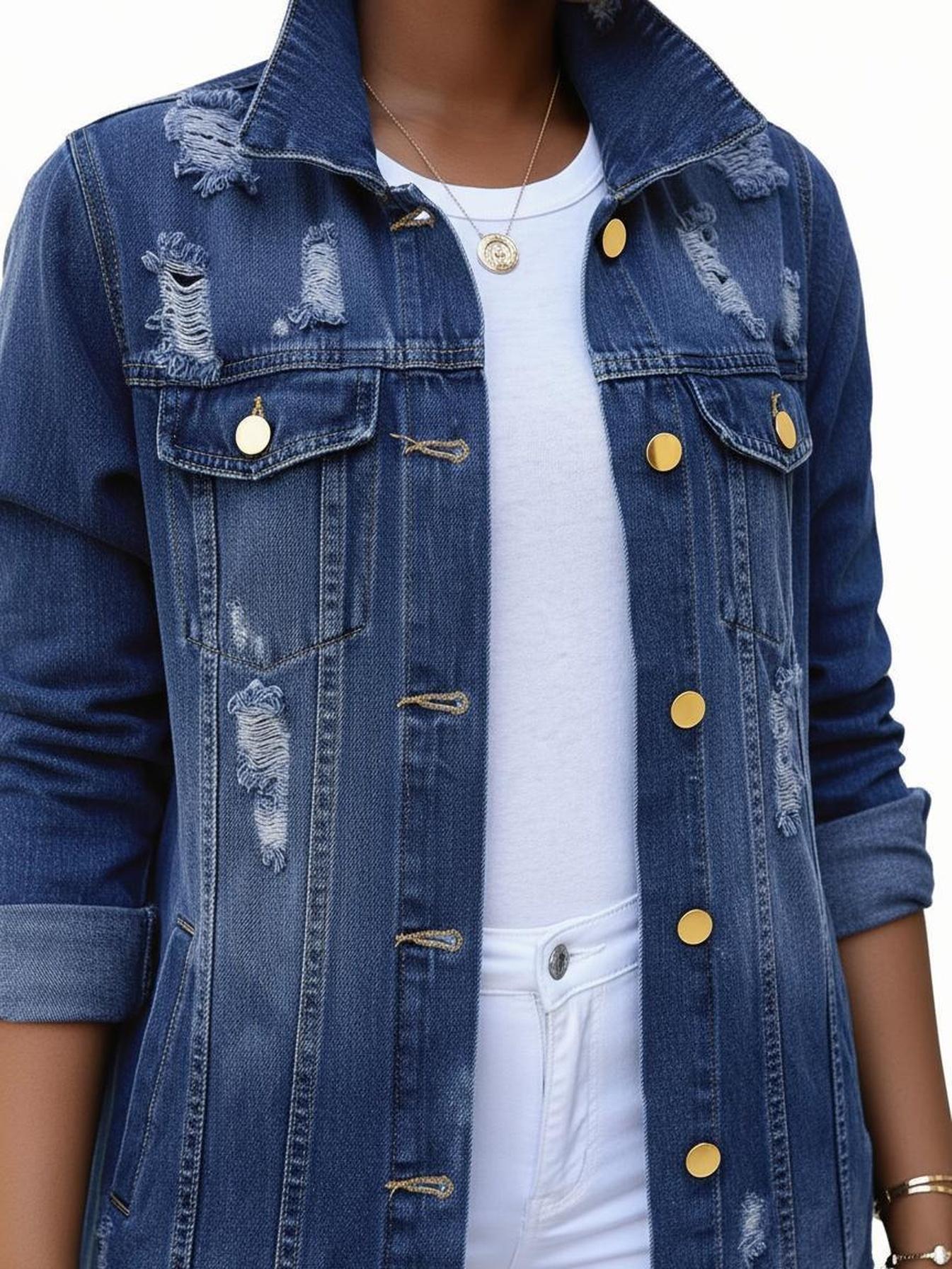 Women's Long Distressed Denim Duster Jacket Button Front Ripped Jean Coat with Pockets