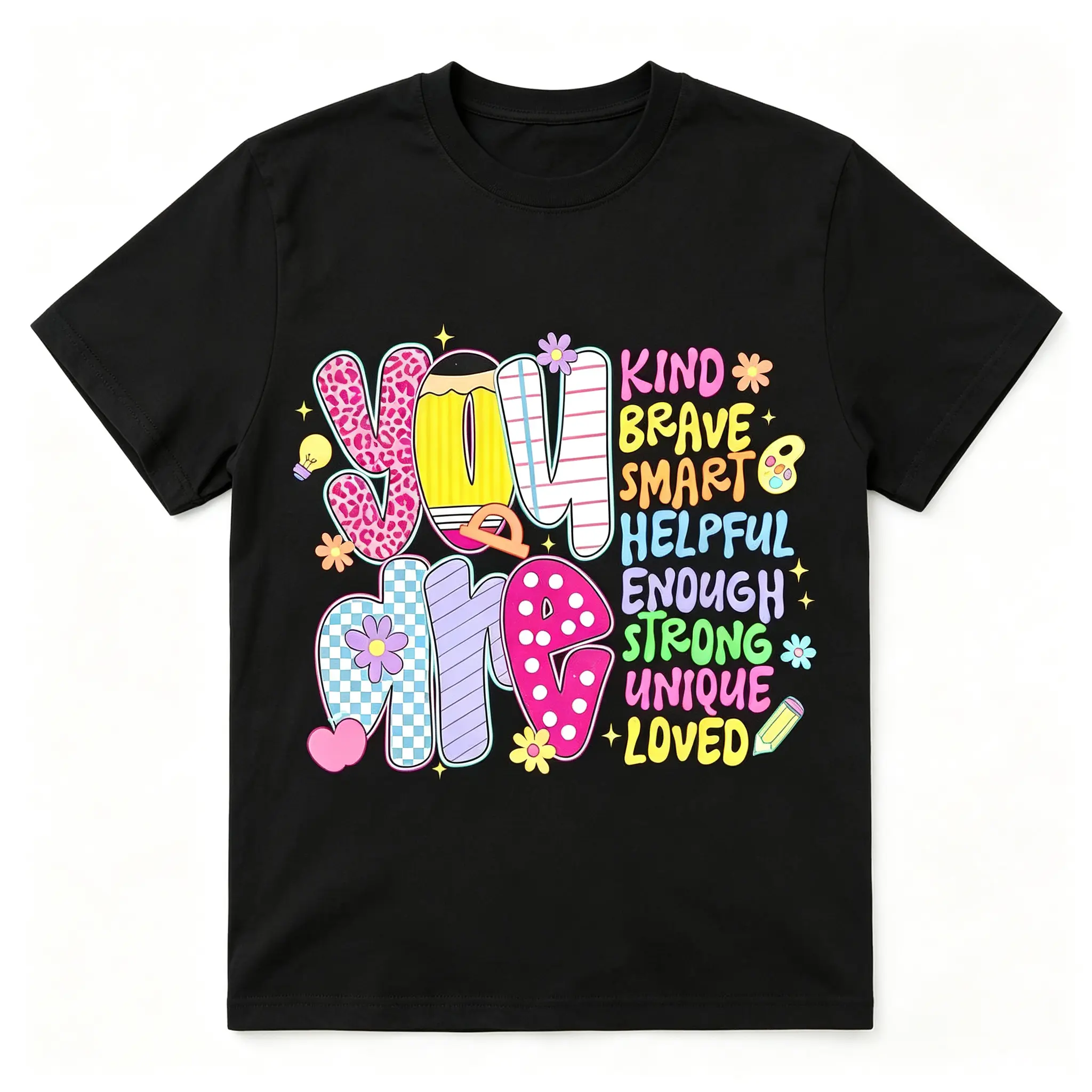 Women's Motivational Floral Print T-Shirt 100% Cotton Crew Neck Short Sleeve Top - "You Are Kind Brave Smart Helpful Enough Strong Unique Loved" Teacher Appreciation Gift, First Day School Outfit, Spring Summer Casual Tee