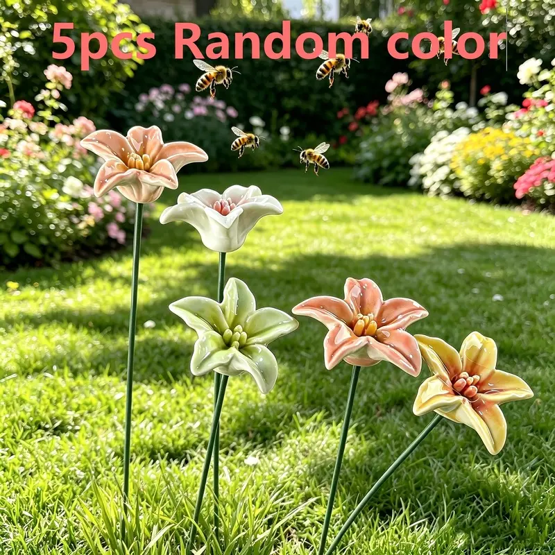 5Pcs Handmade Ceramic Lily Bee & Butterfly Water Stands, Random Colors, Lily-shaped Pollination Water Bowls, Outdoor Garden Feeding Station for Bees and Butterflies, Multi-purpose Vase for Indoor Flower Arrangement, Beekeeping Feeding Tool